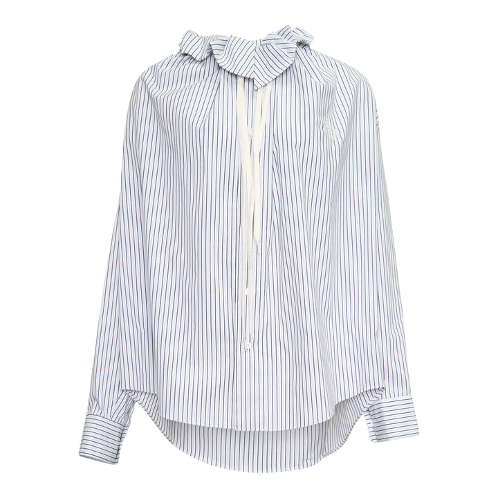 Bonbom Gathered Neck Long Sleeve Shirt in white and navy pinstripe, featuring a gathered ruffle collar with bow tie, lace-trimmed front placket, and button cuffs