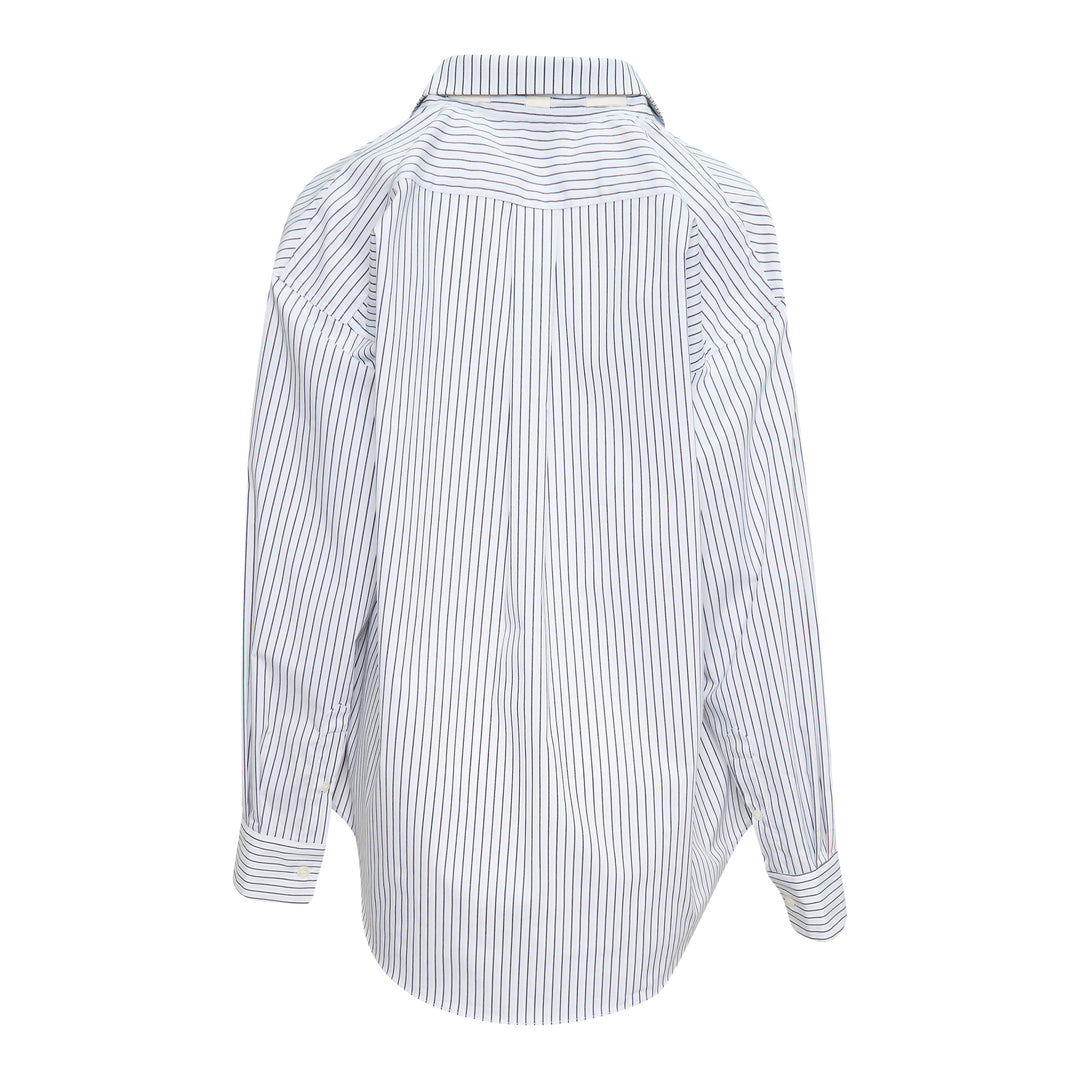 Bonbom Gathered Neck Long Sleeve Shirt in white and navy pinstripe, featuring a gathered ruffle collar with bow tie, lace-trimmed front placket, and button cuffs