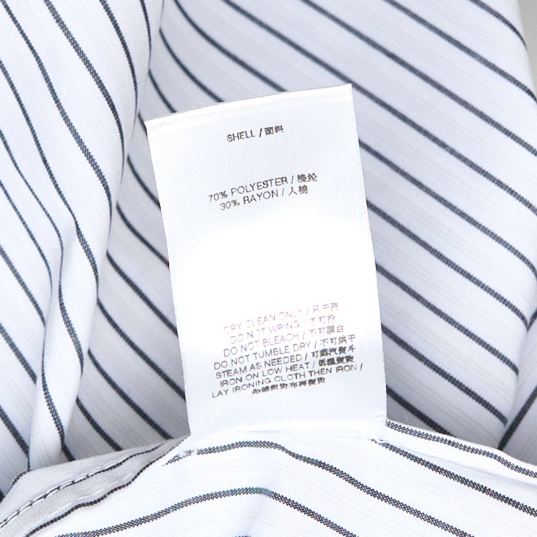 Bonbom Gathered Neck Long Sleeve Shirt in white and navy pinstripe, featuring a gathered ruffle collar with bow tie, lace-trimmed front placket, and button cuffs