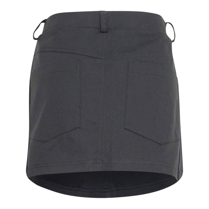 Bonbom Giant Front-Volume Mini Skirt in washed dark navy heavyweight fleece, featuring an elasticated drawstring waistband, belt loop detailing, side patch pocket, and a small woven Bonbom logo label at the lower front