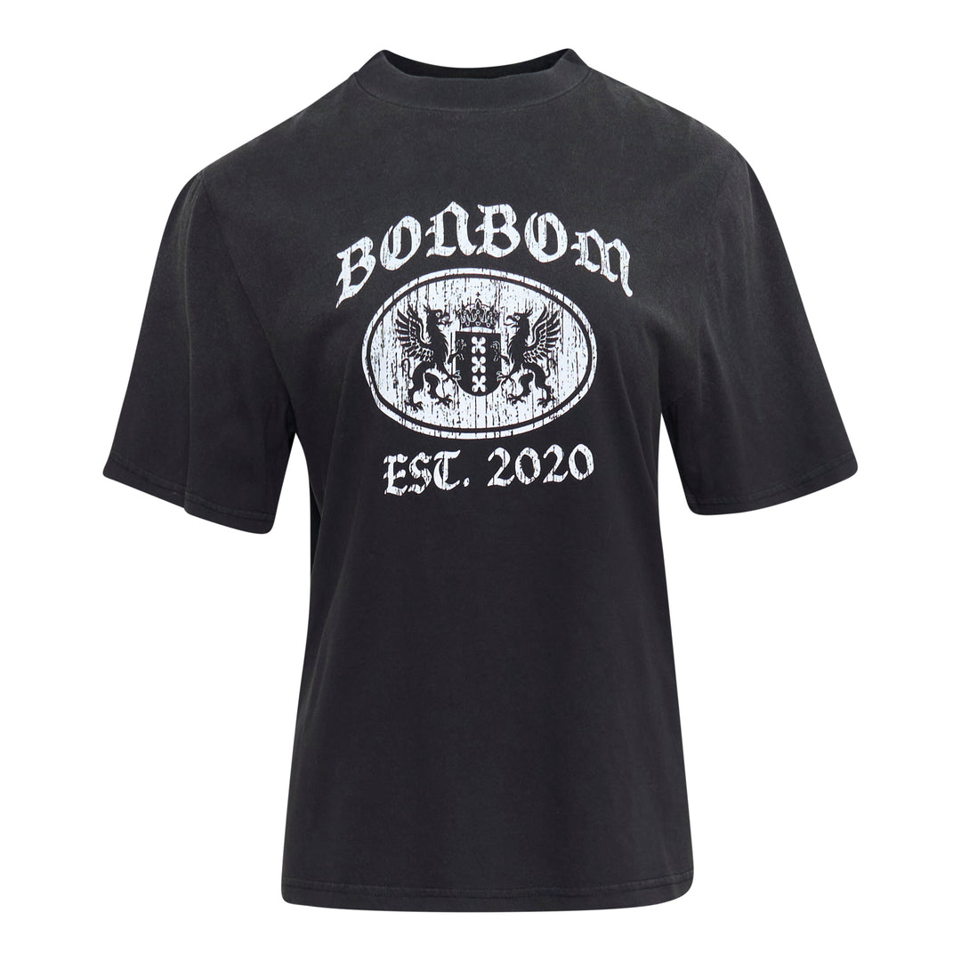 Bonbom Oval Washed Griffin Graphic Tee in vintage-washed black, featuring a gothic-lettered Bonbom logo and heraldic griffin crest oval print on the chest, relaxed crew-neck silhouette