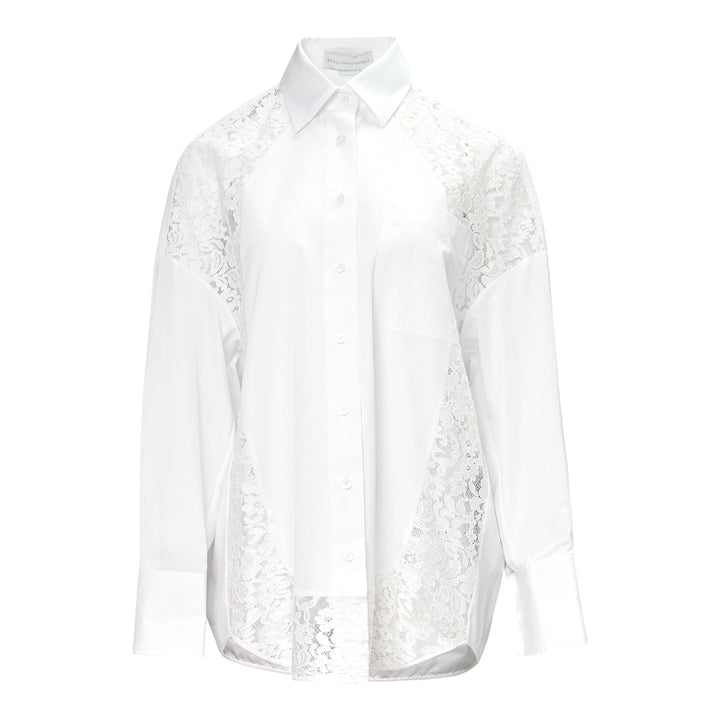 Stella McCartney white cotton poplin shirt with sheer floral lace panels at the shoulders, sides, and hem, featuring a pointed collar and mother-of-pearl button fastening