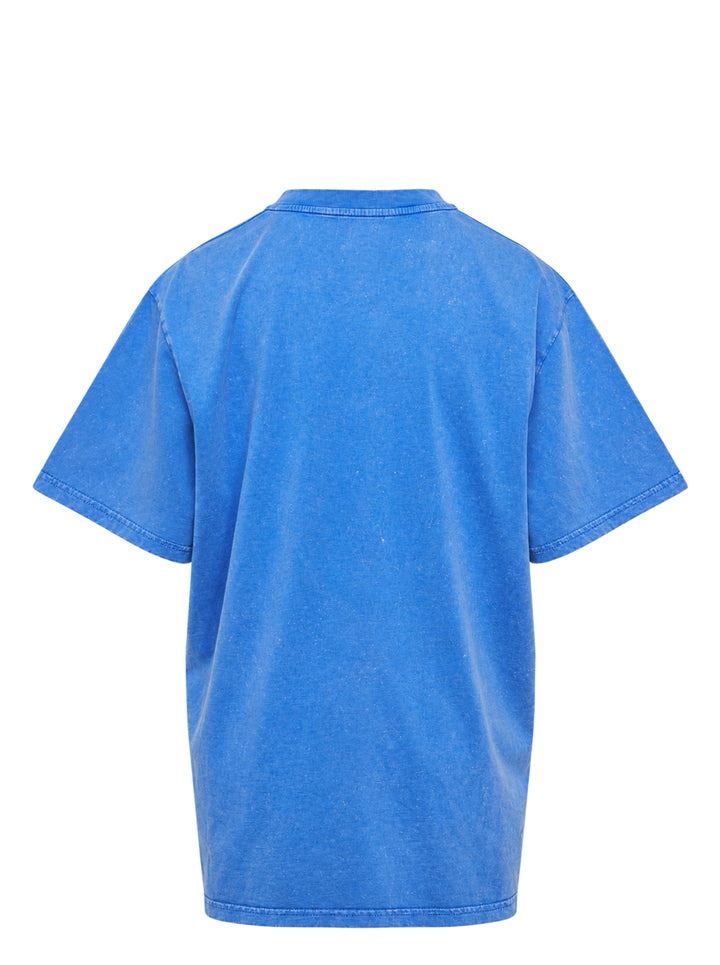 Stella McCartney Abbey Road Boyfriend Tee in acid-washed cobalt blue with a circular psychedelic logo graphic in white and aqua, crew neckline and short sleeves, front view on white background - view 2