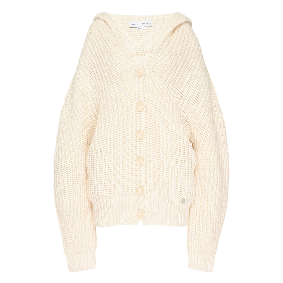 Stella McCartney cream recycled cashmere chunky rib-knit hooded cardigan with tonal button-front closure and relaxed oversized silhouette, displayed flat on a white background