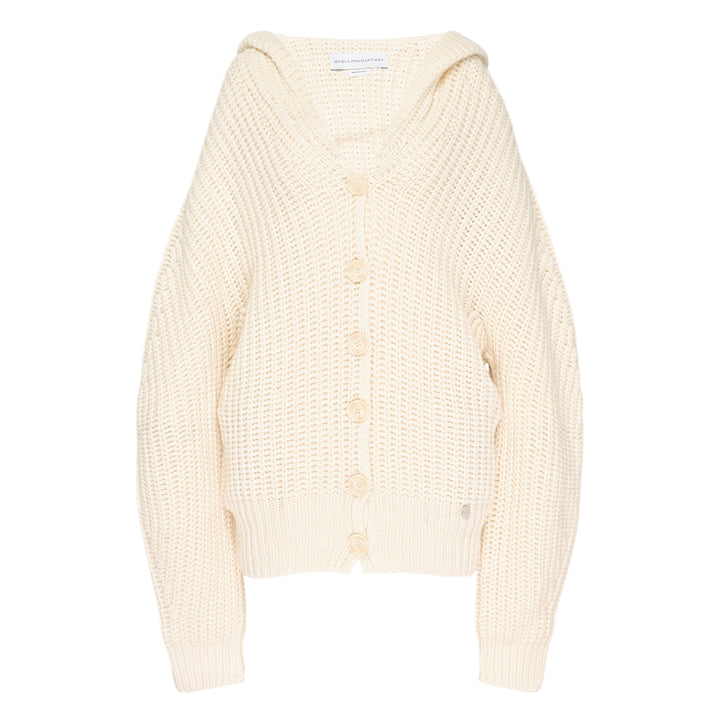 Stella McCartney cream recycled cashmere chunky rib-knit hooded cardigan with tonal button-front closure and relaxed oversized silhouette, displayed flat on a white background