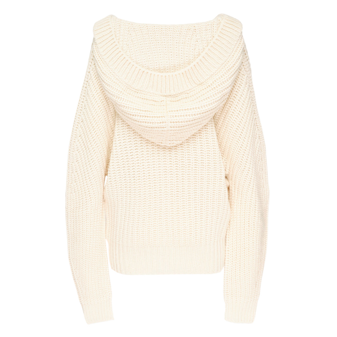 Stella McCartney cream recycled cashmere chunky rib-knit hooded cardigan with tonal button-front closure and relaxed oversized silhouette, displayed flat on a white background