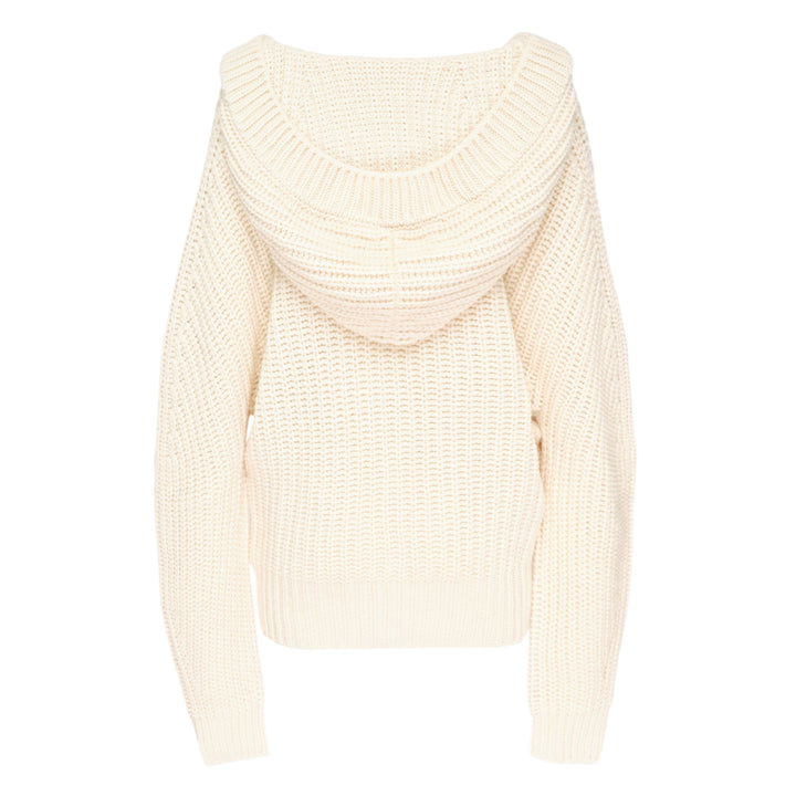 Stella McCartney cream recycled cashmere chunky rib-knit hooded cardigan with tonal button-front closure and relaxed oversized silhouette, displayed flat on a white background