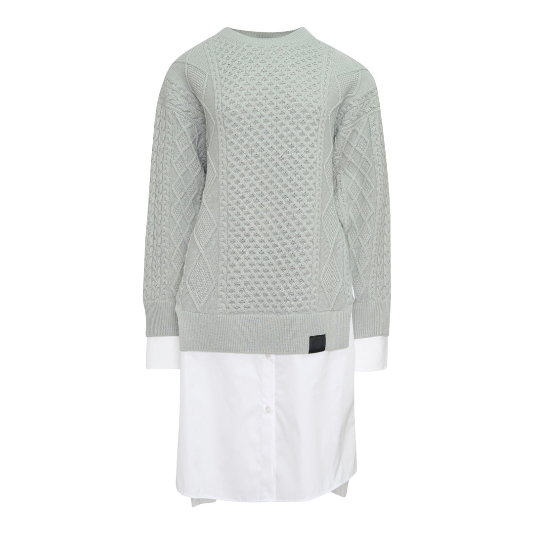 Stella McCartney Cable Knit Shirting Dress in sage green with diamond and honeycomb cable stitch sweater top layered over a white poplin shirt dress with buttoned placket