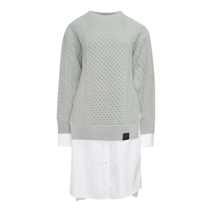 Stella McCartney Cable Knit Shirting Dress in sage green with diamond and honeycomb cable stitch sweater top layered over a white poplin shirt dress with buttoned placket