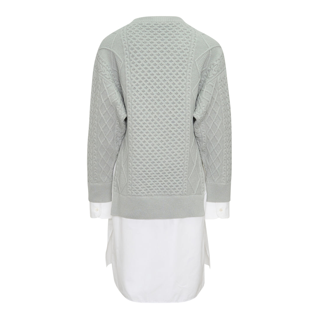 Stella McCartney Cable Knit Shirting Dress in sage green with diamond and honeycomb cable stitch sweater top layered over a white poplin shirt dress with buttoned placket