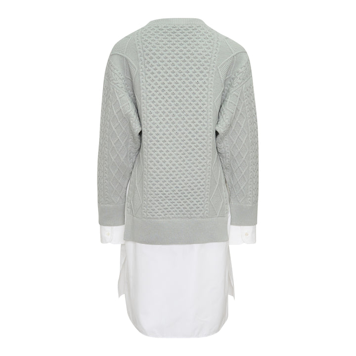 Stella McCartney Cable Knit Shirting Dress in sage green with diamond and honeycomb cable stitch sweater top layered over a white poplin shirt dress with buttoned placket