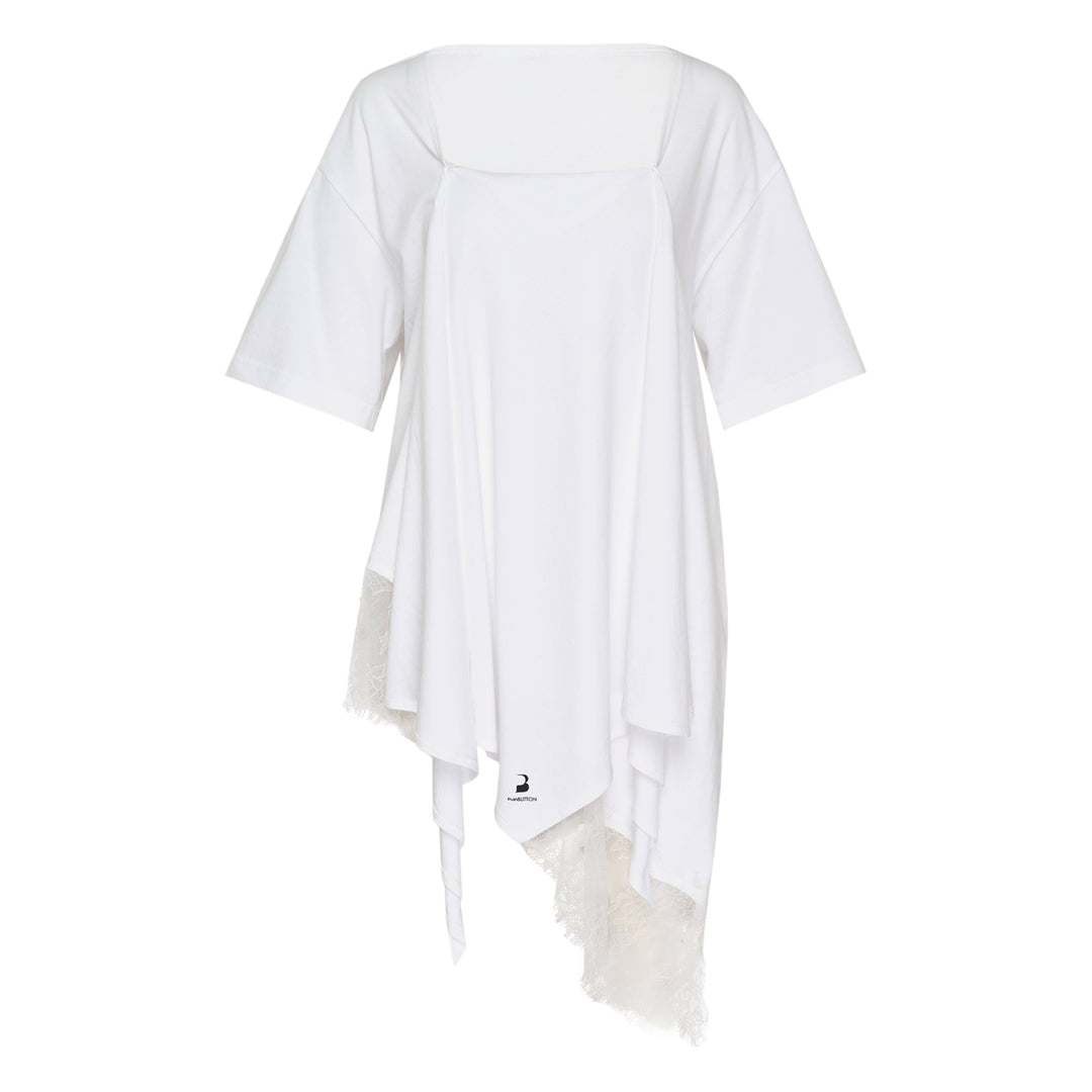 White Asymmetric Lace Scarf Tee
