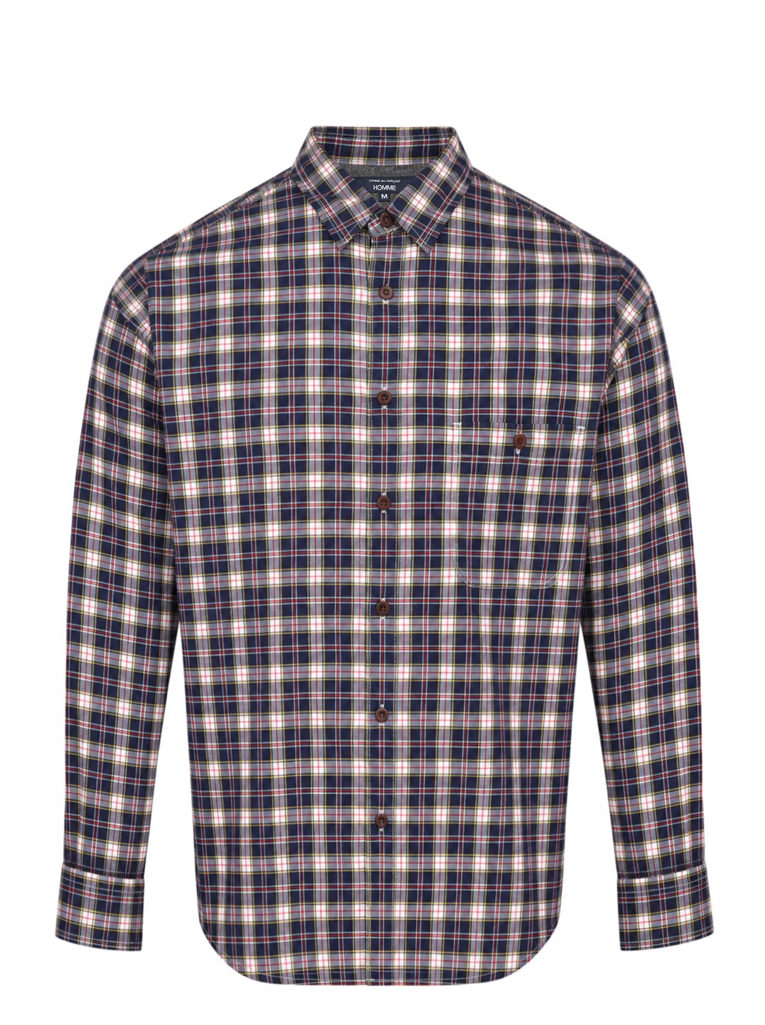 Comme des Garçons Homme cotton twill long sleeve shirt in navy, white, red, and olive plaid check with button-down collar and chest pocket