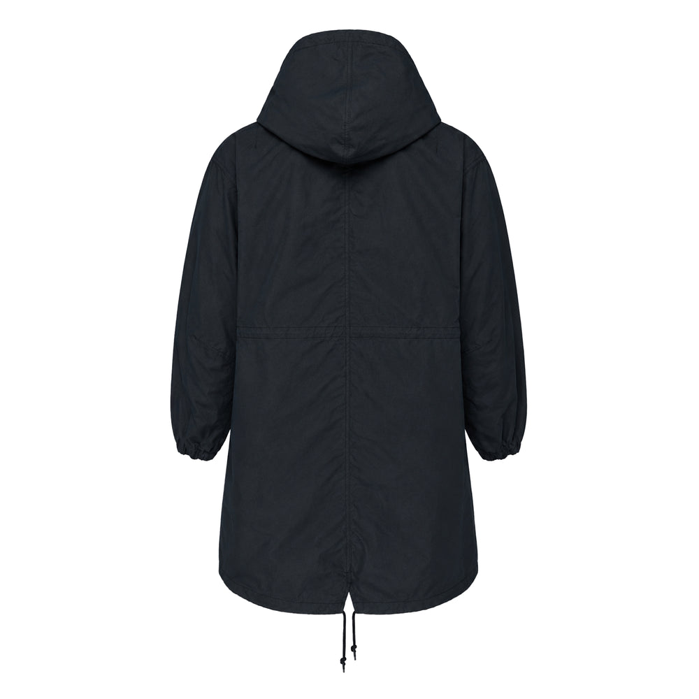 Comme des Garçons Homme oversized black cotton-nylon hooded parka coat with snap-button front, patch pockets, and drawstring waist, shown flat on white background