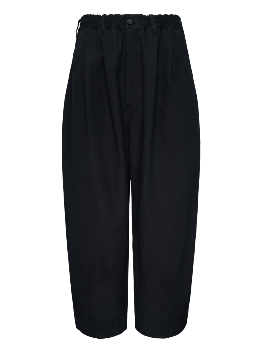 Comme des Garçons Homme black cotton twill pants with pleated front, elasticated waistband and wide cropped legs