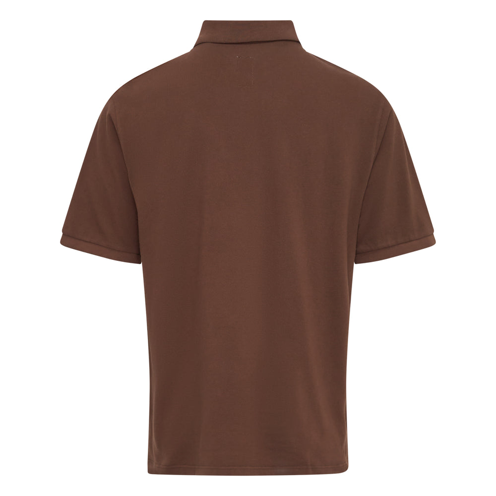 Vowels Short Sleeve Piqué Polo in brown with two-button placket and embroidered floral script logo at the chest, front view - view 2