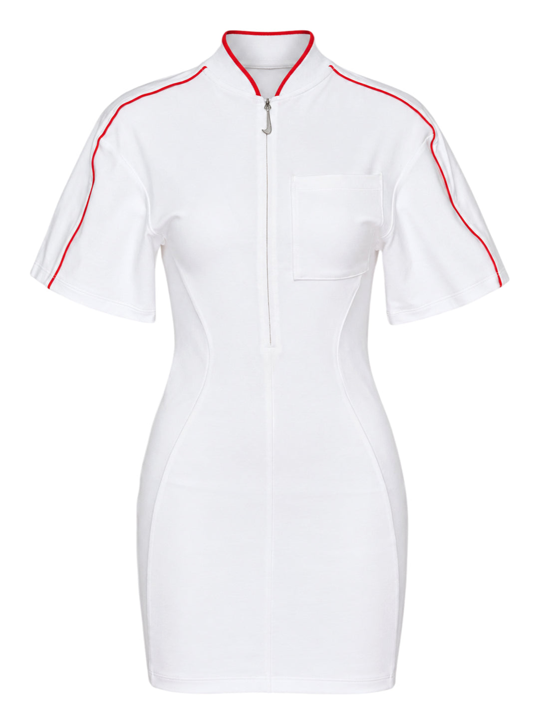 Nike x Jacquemus white mini dress with red piped collar and sleeves, half-zip front, chest patch pocket and fitted hourglass silhouette
