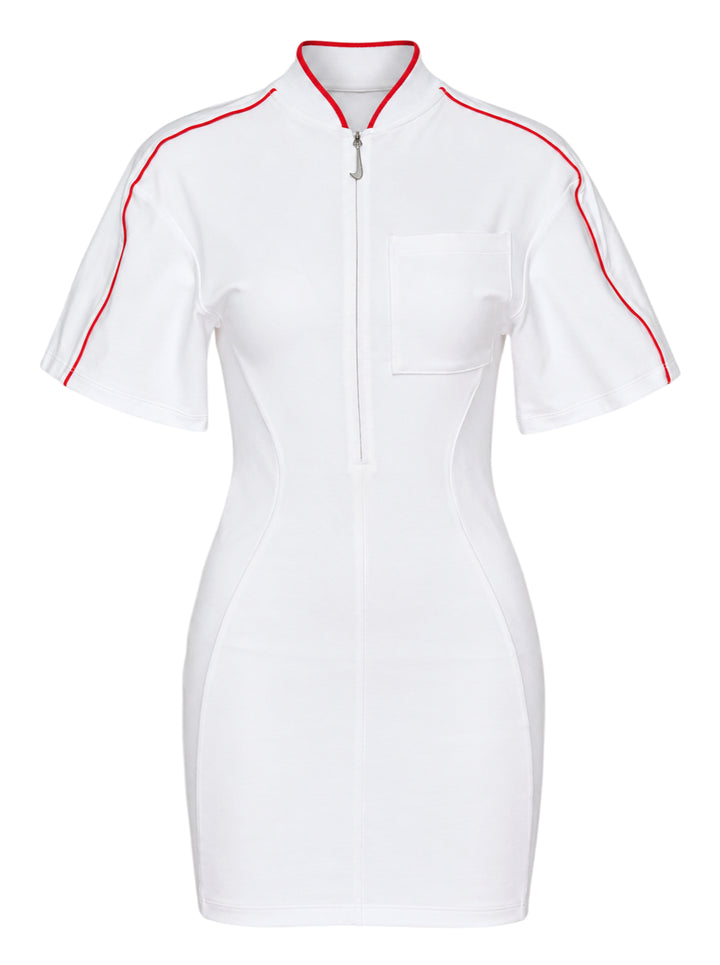 Nike x Jacquemus white mini dress with red piped collar and sleeves, half-zip front, chest patch pocket and fitted hourglass silhouette