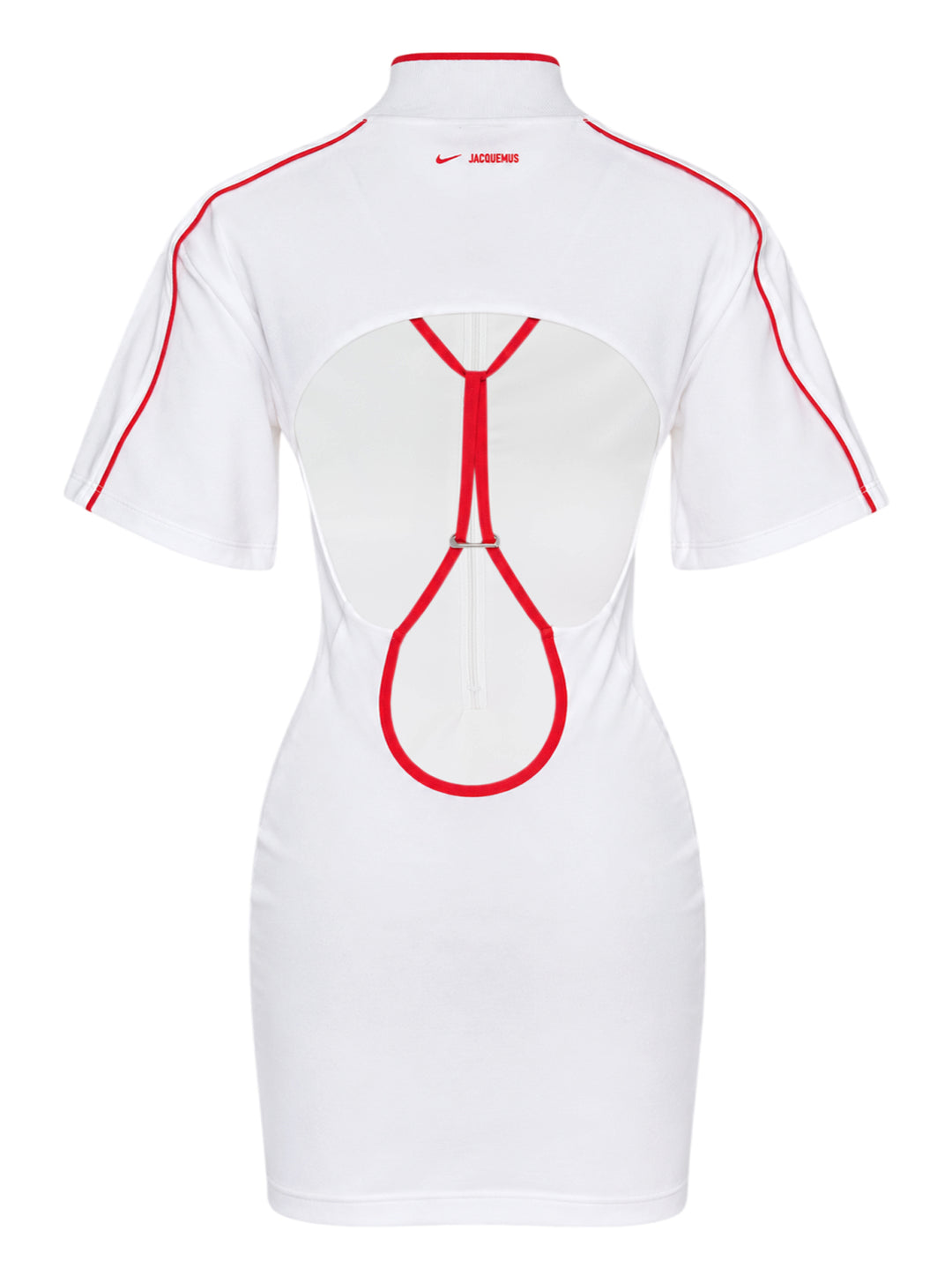 Nike x Jacquemus white mini dress with red piped collar and sleeves, half-zip front, chest patch pocket and fitted hourglass silhouette - view 2