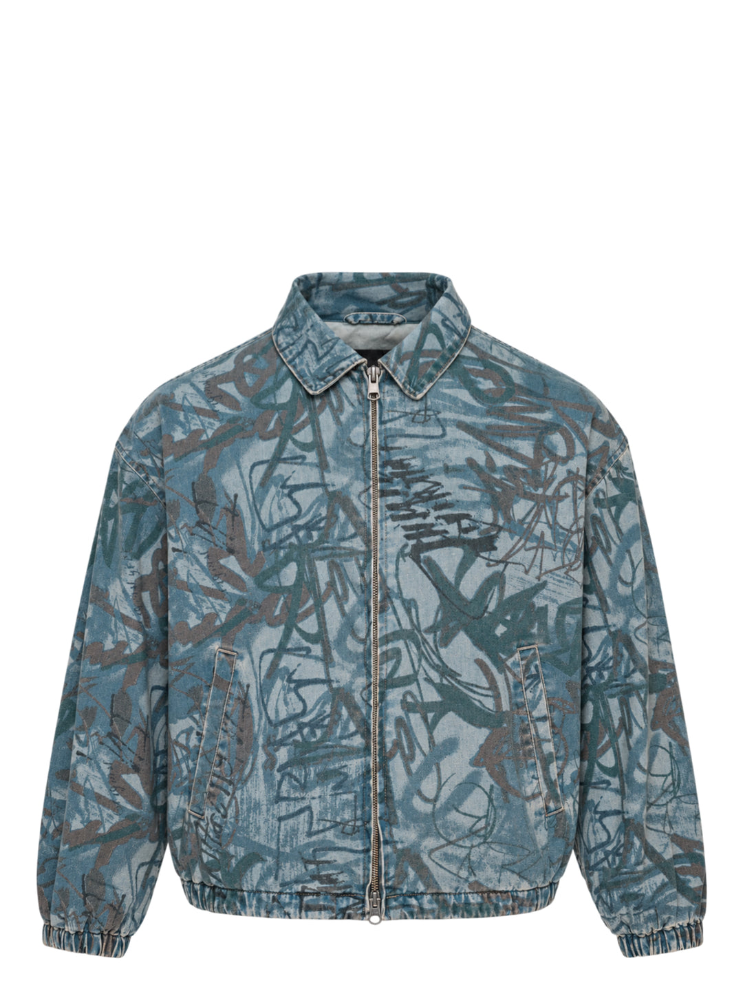 thisisneverthat Graffiti Print Denim Blouson Jacket in washed blue with all-over tag-style calligraphic print, full-zip closure, point collar, and elasticated hem and cuffs