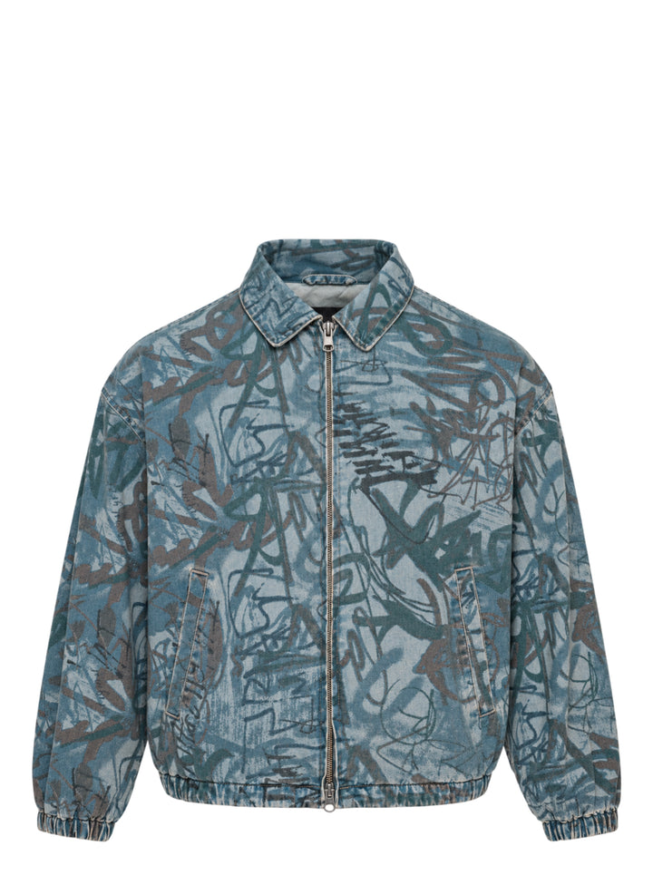 thisisneverthat Graffiti Print Denim Blouson Jacket in washed blue with all-over tag-style calligraphic print, full-zip closure, point collar, and elasticated hem and cuffs