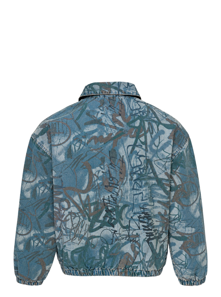thisisneverthat Graffiti Print Denim Blouson Jacket in washed blue with all-over tag-style calligraphic print, full-zip closure, point collar, and elasticated hem and cuffs - view 2