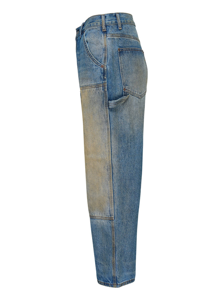 thisisneverthat Denim Double Knee Pants in heavy vintage wash indigo with ochre distressing, double-knee reinforced panels, carpenter utility detailing, and a relaxed wide-leg silhouette — front view - view 3