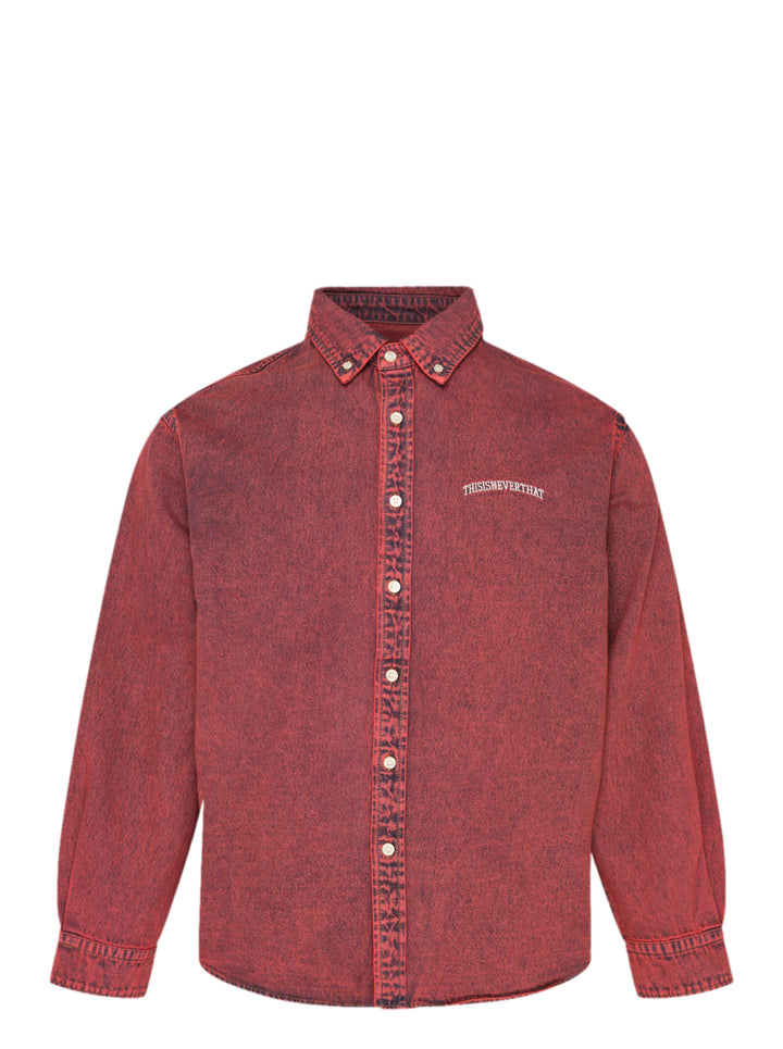 thisisneverthat Washed Denim Long Sleeve Shirt in acid-washed red with button-down collar and embroidered logo on the chest