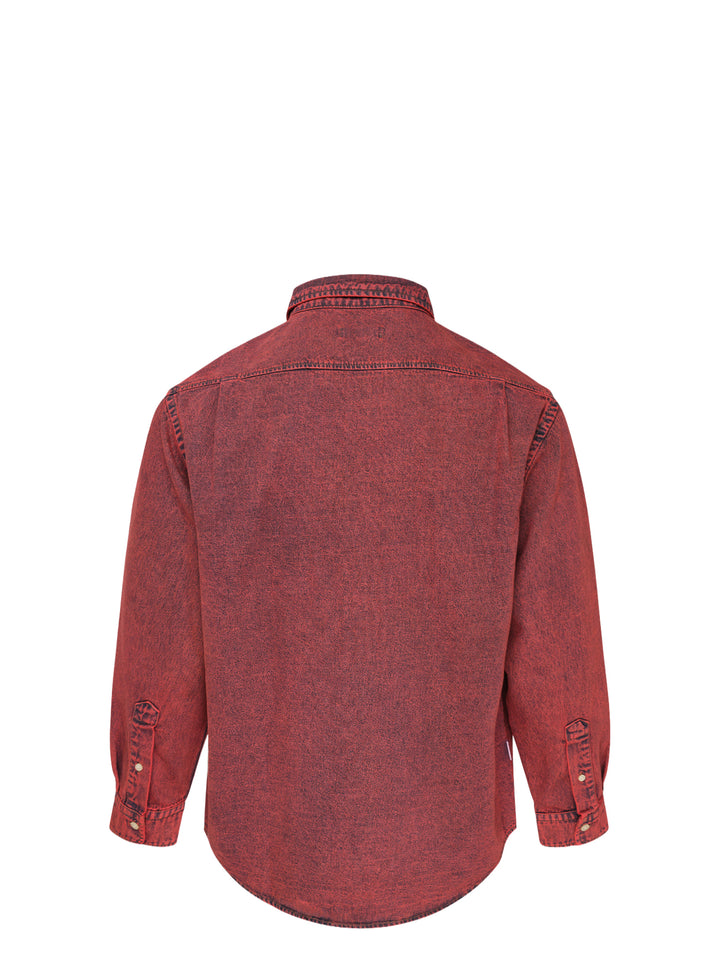 thisisneverthat Washed Denim Long Sleeve Shirt in acid-washed red with button-down collar and embroidered logo on the chest - view 2