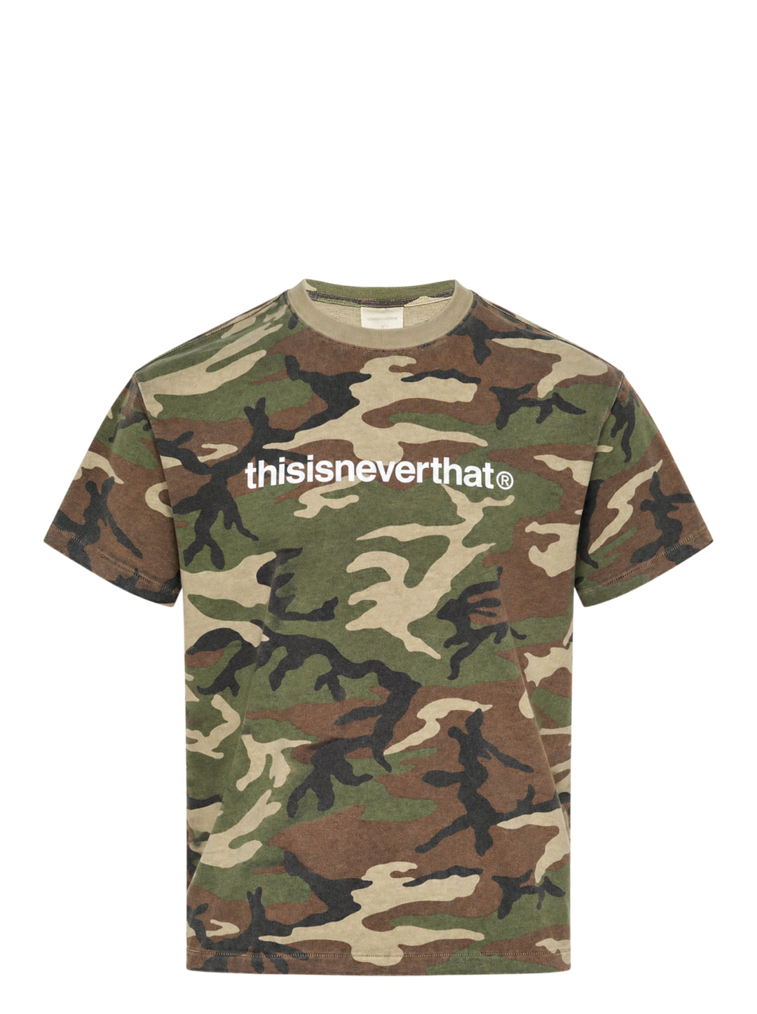 thisisneverthat T-Logo Tee in woodland camouflage with white brand wordmark printed across the chest and ribbed crew neckline