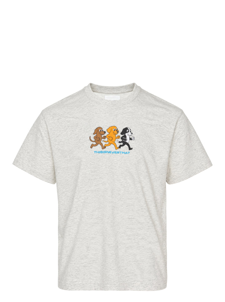 thisisneverthat Running Dogs Graphic Tee in heather grey, featuring a cartoon illustration of three running dogs in brown, golden, and black with the thisisneverthat logo printed below in blue