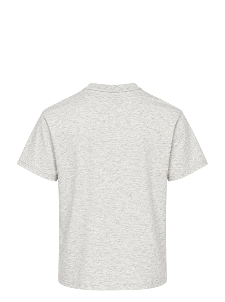 thisisneverthat Running Dogs Graphic Tee in heather grey, featuring a cartoon illustration of three running dogs in brown, golden, and black with the thisisneverthat logo printed below in blue - view 2