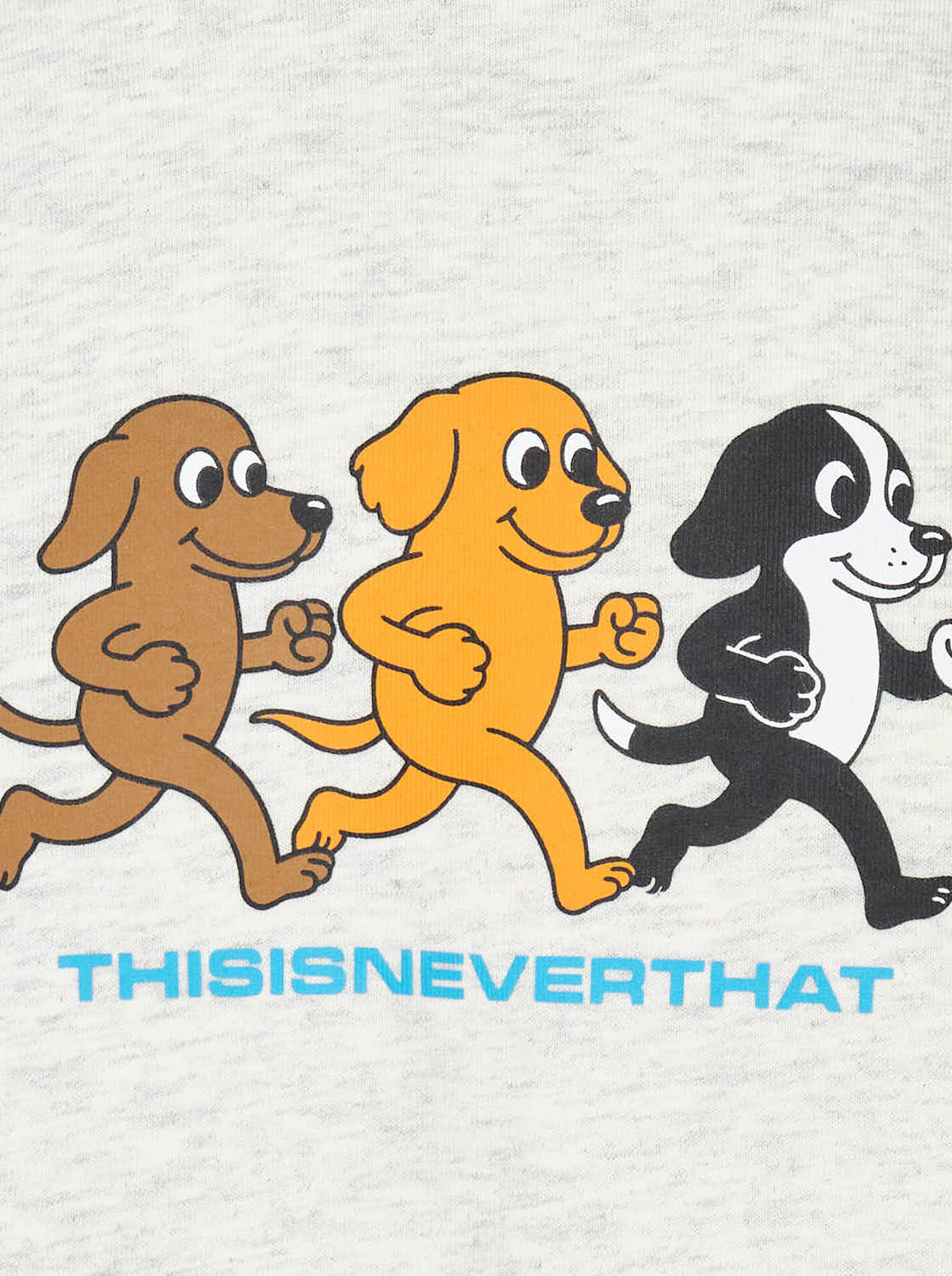 thisisneverthat Running Dogs Graphic Tee in heather grey, featuring a cartoon illustration of three running dogs in brown, golden, and black with the thisisneverthat logo printed below in blue - view 3