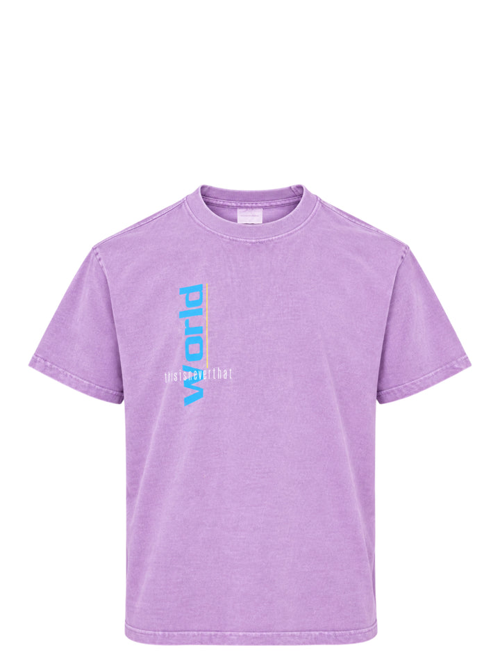 thisisneverthat From the World Tee in acid-washed purple with vertical cyan 'World' graphic and signature script branding on the chest