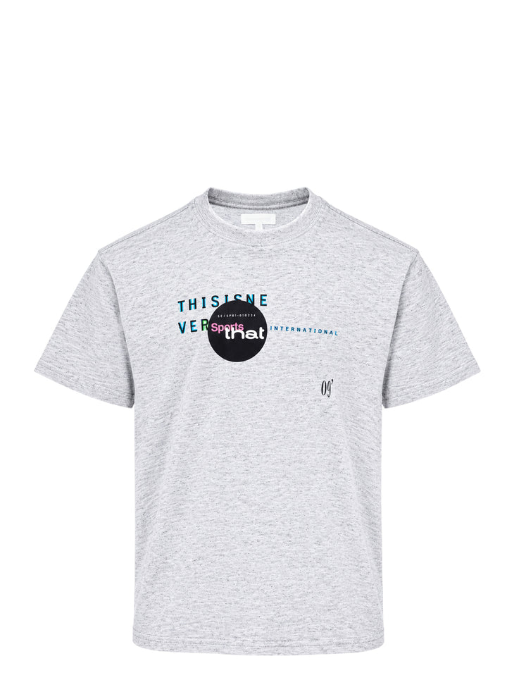 thisisneverthat Composition Tee in heathered grey, featuring a multi-colour collage typographic graphic print across the chest with circular badge motif and script logo detail