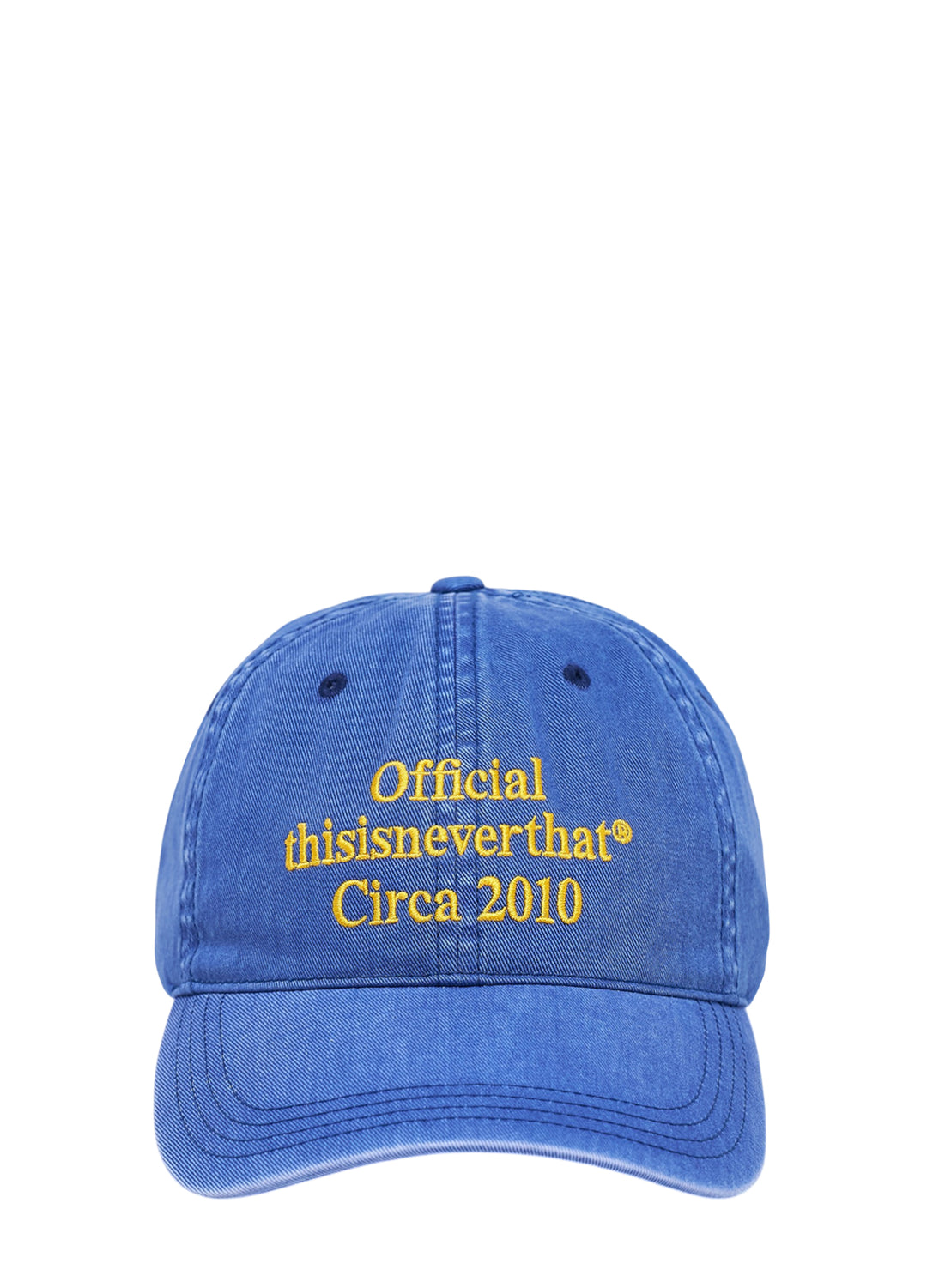 thisisneverthat Overdyed Times Cap in royal blue with gold embroidered 'Official thisisneverthat® Circa 2010' text on the front panel, front view