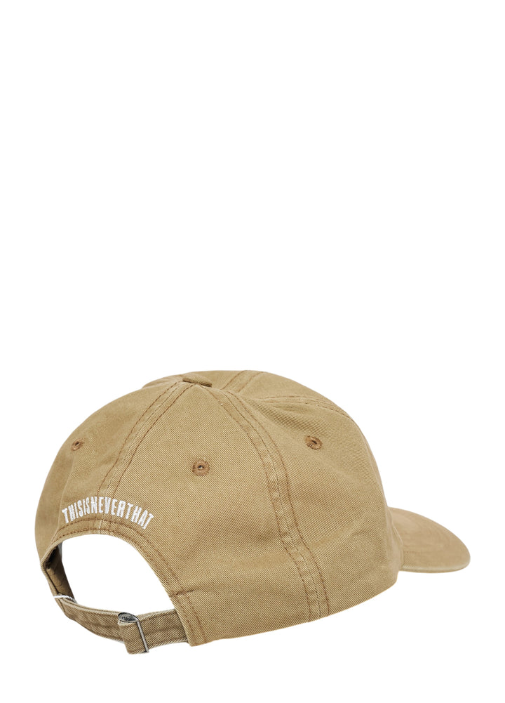 thisisneverthat Arch Logo Cap in washed khaki with arched 'thisisneverthat Official' embroidery in gold and white on the front panel - view 2