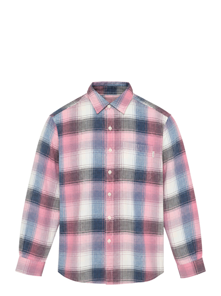 thisisneverthat Washed Check Long Sleeve Shirt in a large-scale pink, blue, grey, and white plaid pattern, displayed flat on a white background
