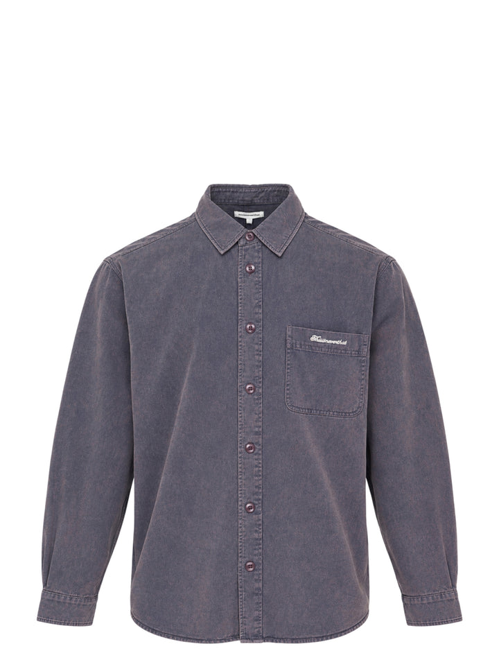 thisisneverthat Washed Twill Long Sleeve Shirt in faded charcoal, front view showing full button placket, chest patch pocket with embroidered script logo, and relaxed oversized silhouette