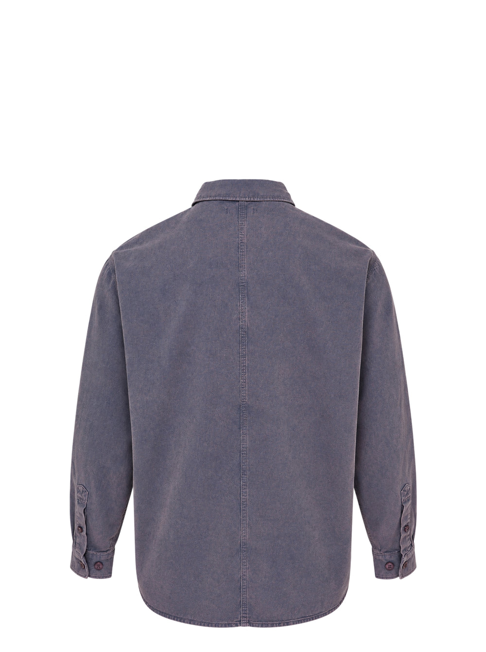 thisisneverthat Washed Twill Long Sleeve Shirt in faded charcoal, front view showing full button placket, chest patch pocket with embroidered script logo, and relaxed oversized silhouette - view 2