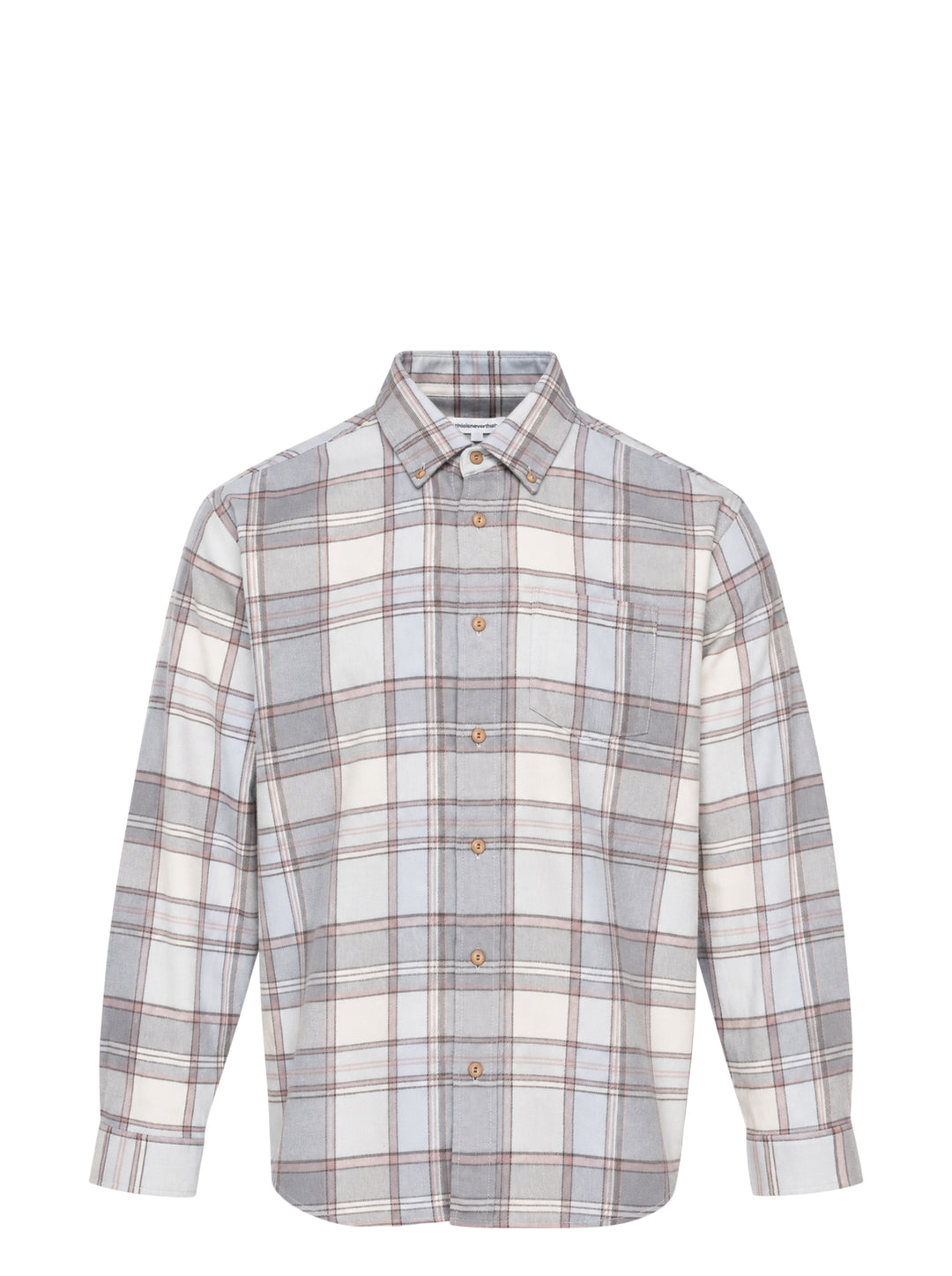 thisisneverthat Flannel Check Long Sleeve Shirt in grey, cream, and dusty rose large-scale plaid, featuring a button-down collar, wooden buttons, and a chest patch pocket