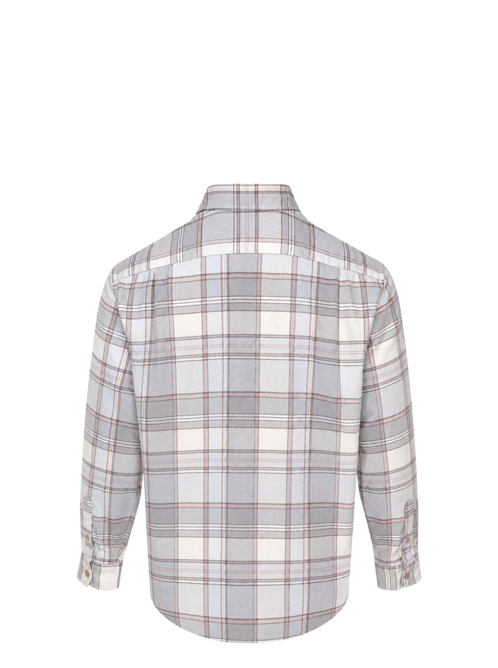 thisisneverthat Flannel Check Long Sleeve Shirt in grey, cream, and dusty rose large-scale plaid, featuring a button-down collar, wooden buttons, and a chest patch pocket - view 2
