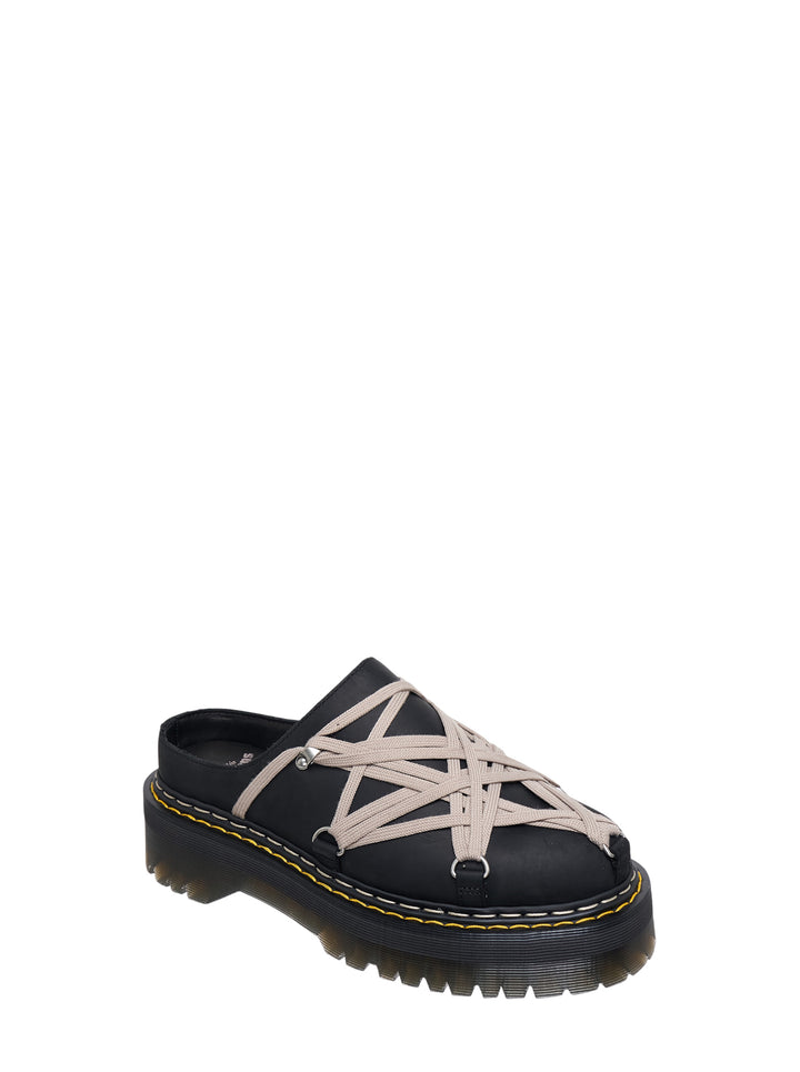Rick Owens x Dr. Martens Quad Sole Megalace flatform mule in black leather with taupe multi-strand cord lacing, silver hardware, and chunky ridged platform sole with yellow stitching - view 2
