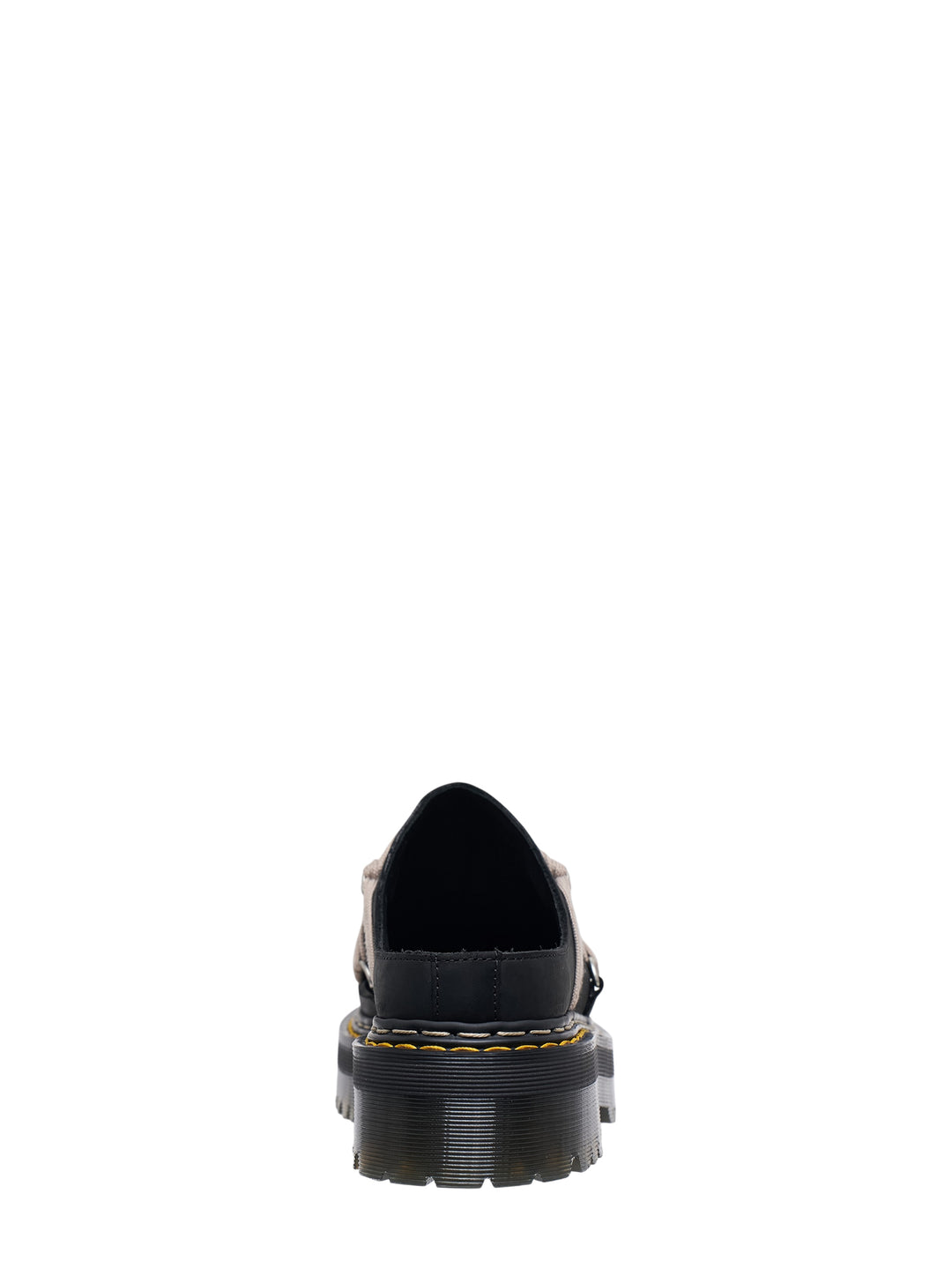 Rick Owens x Dr. Martens Quad Sole Megalace flatform mule in black leather with taupe multi-strand cord lacing, silver hardware, and chunky ridged platform sole with yellow stitching - view 3