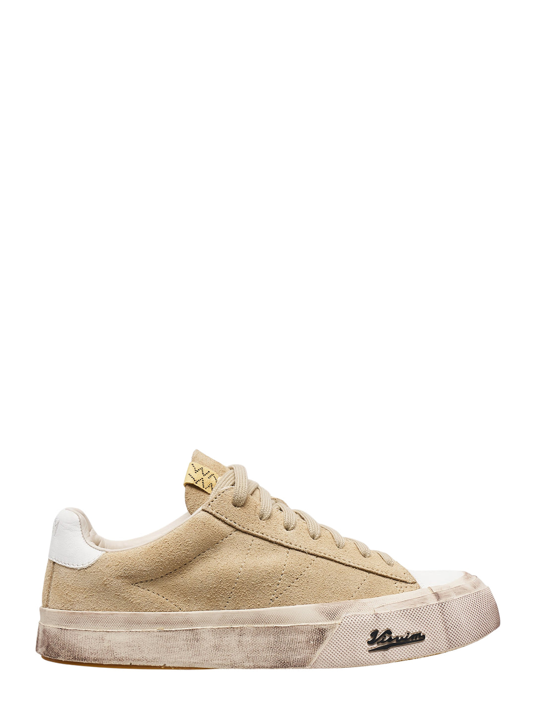 visvim Segura Lo G.Patten UK low-top sneaker in beige suede with white leather heel tab and distressed vintage-finish sole, shown in side profile