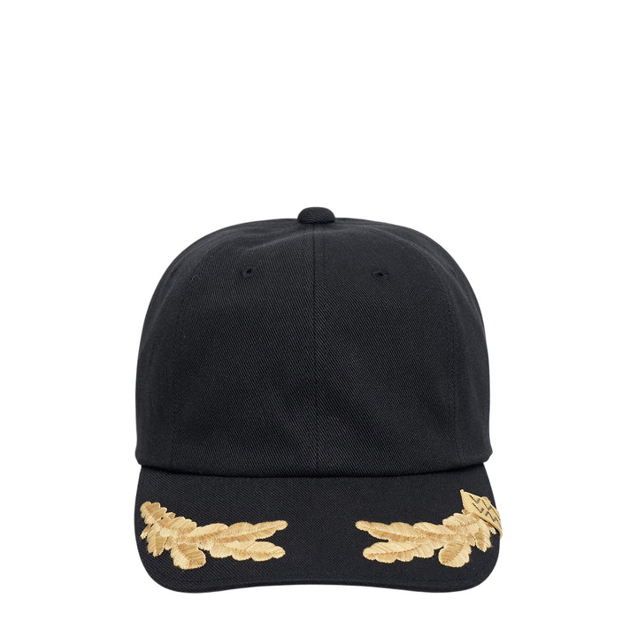 visvim Excelsior II Apollo baseball cap in black twill with gold laurel wreath embroidery on the brim, front view