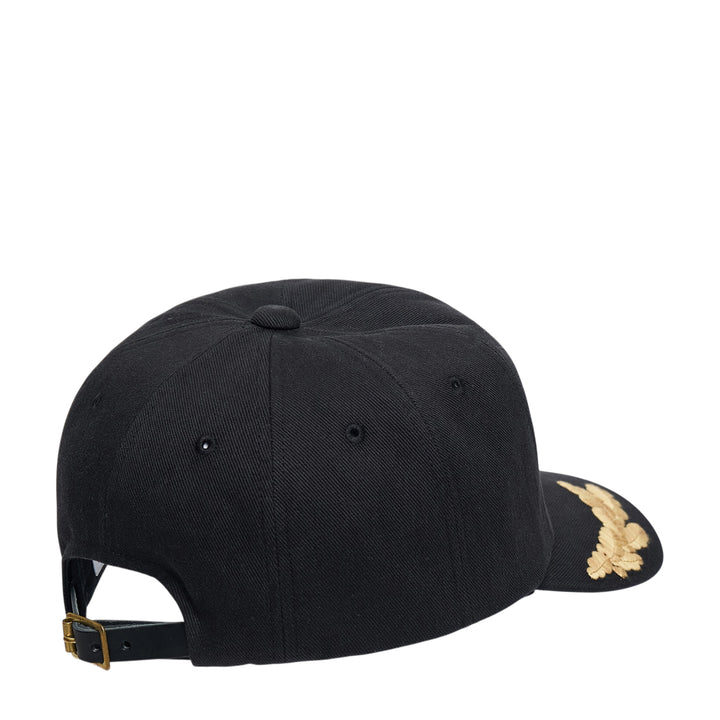visvim Excelsior II Apollo baseball cap in black twill with gold laurel wreath embroidery on the brim, front view - view 2