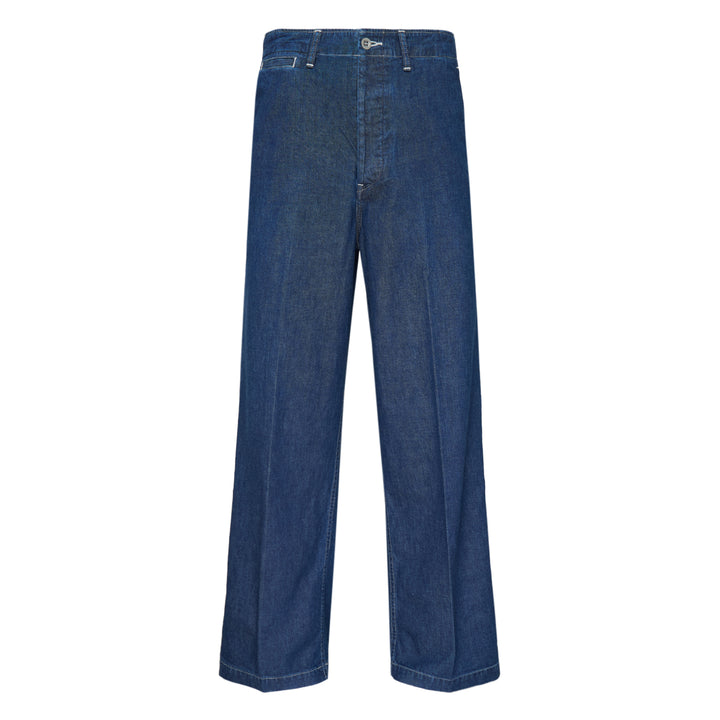 visvim Broader Wide-Leg Jeans in medium indigo denim, shown flat with a high-rise waist, pressed front crease, and wide straight-leg silhouette