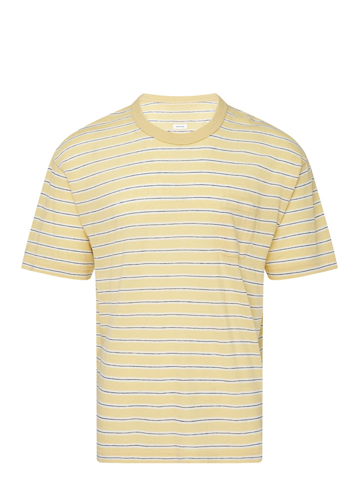 visvim Jumbo Border Short Sleeve Tee in yellow with fine navy and white horizontal stripes, ribbed crewneck and chest pocket, front view