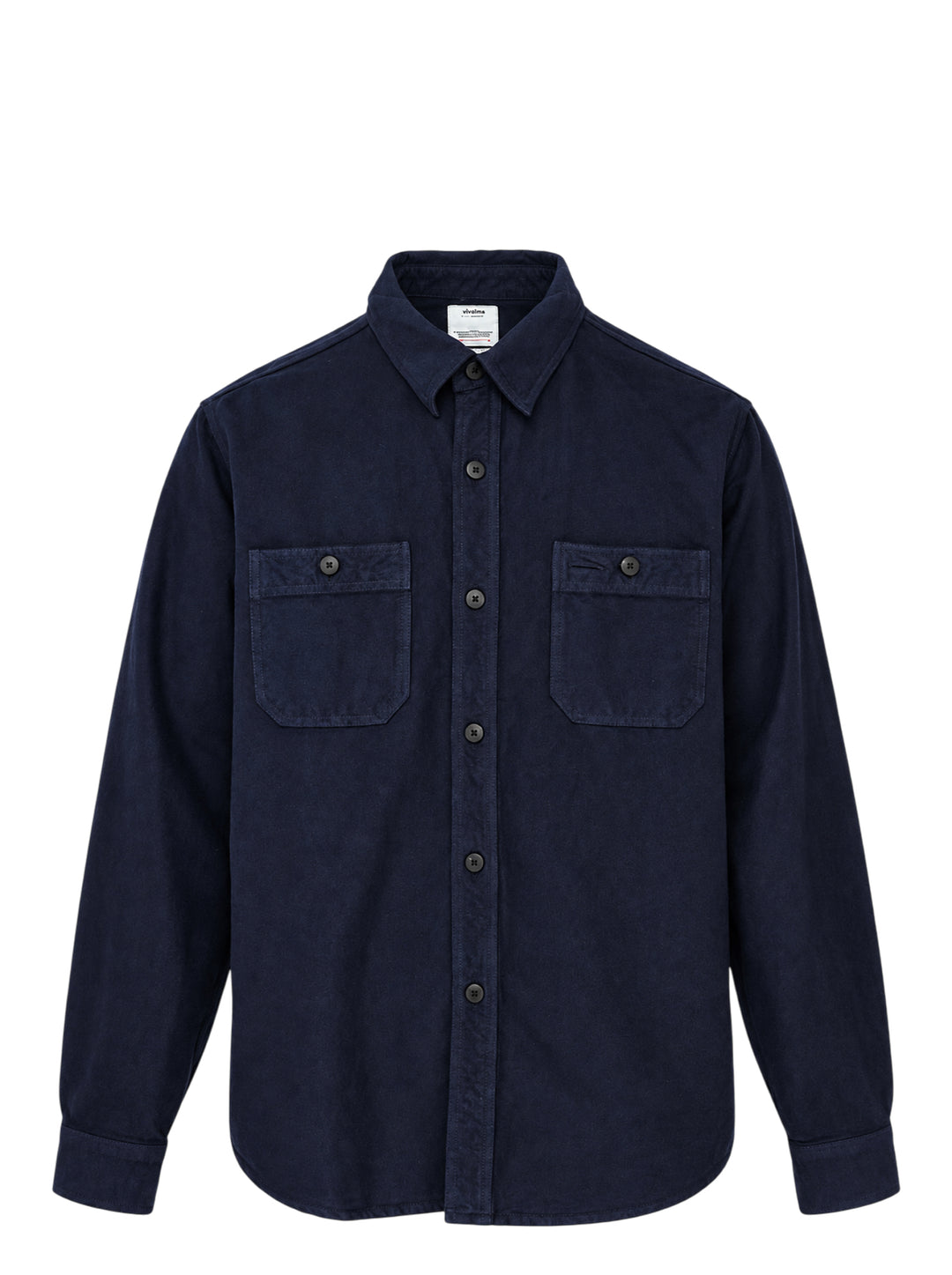 visvim Larrikan long sleeve shirt in navy with two button-flap chest pockets and dark buttons, shown from the front